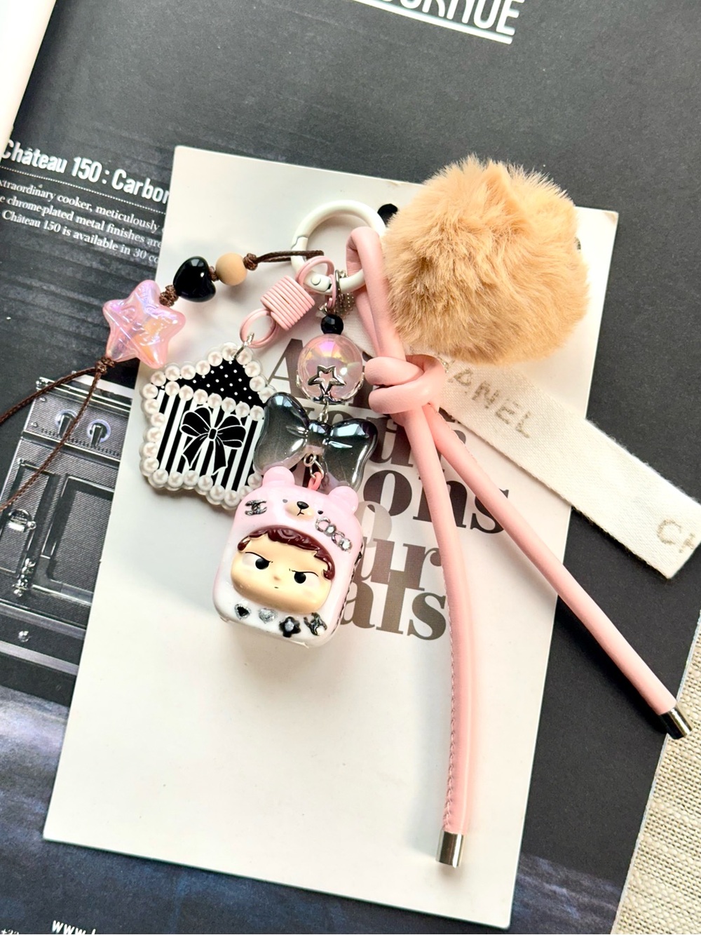 Auth CC Ribbon Pink Character Charm Keychain with Bead Accents